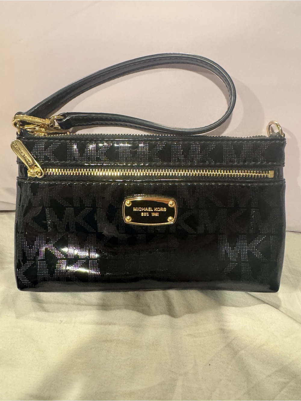 Michael Kors Black Patent Signature Wristlet with Gold Hardware